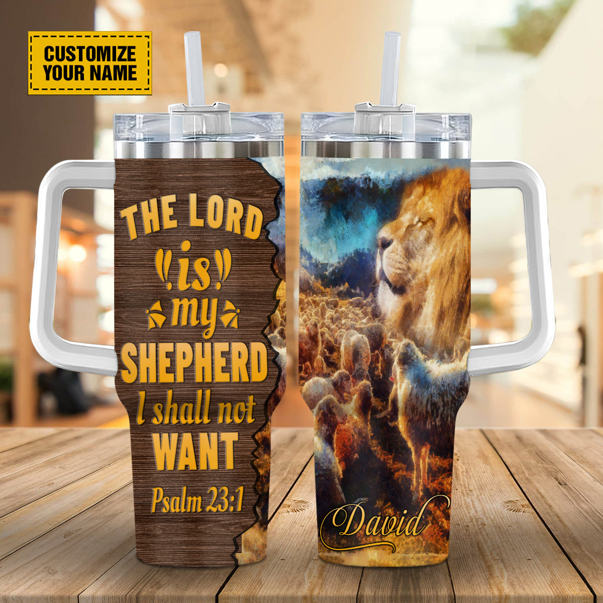 Teesdily | Customized Jesus Lion Lamb 40oz Tumbler With Handle, The Lord Is My Shepherd Personalized Tumbler, Christian Tumbler With Lid Gifts