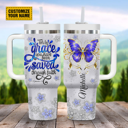 Teesdily | Customized Butterfly Jewelry Tumbler With Handle, For By Grace You Have Been Saved Travel Tumbler, Spiritual Gifts For Women 40oz Tumbler