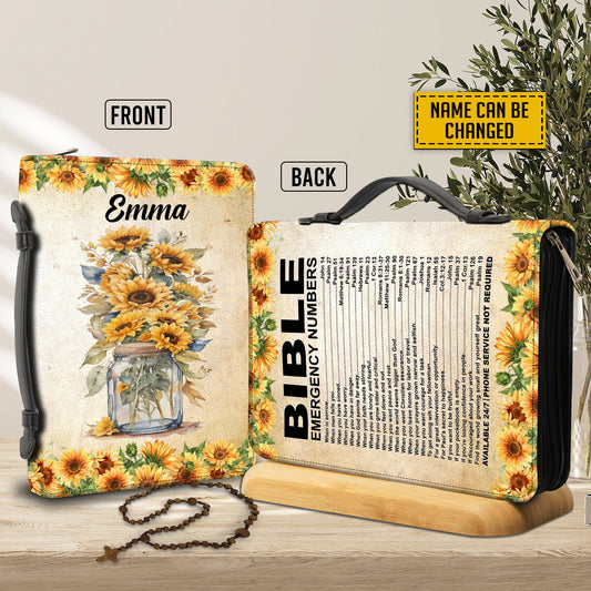 Teesdily | Sunflowers Customized Bible Book Cover, Bible Emergency Numbers Bible Cover, Bible Accessories Women, Religious Bible Cover With Handle