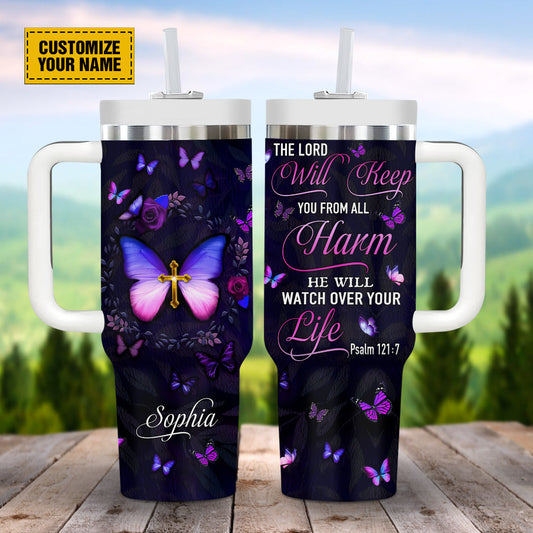 Teesdily | Butterfly Purple Personalized Tumbler, The Lord Will Keep You From All Harm Tumbler Cups, Christian Girl Gifts 40oz Tumbler With Straw