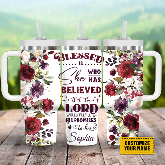 Teesdily | Customized God Lord Rose Insulated Cup, God Blessed She Who Has Believed Personalized Cups, Inspirational Gifts For Women