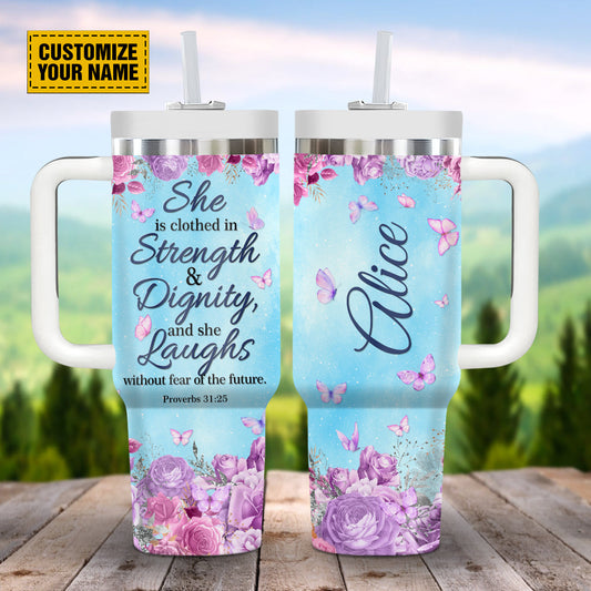 Teesdily | Customized Rose Butterfly Purple 40oz Tumbler With Handle, She Laughs Without Fear Of The Future Insulated Cup, Gift For Women In Faith