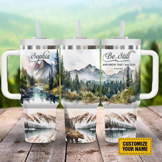 Teesdily | Mountain Watercolor Art Personalized Insulated Tumbler, Be Still And Know That I Am God Travel Tumbler, Jesus Christ Stainless Steel Cup