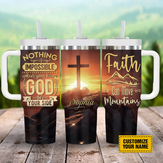 Teesdily | Customized Jesus Cross Sunset Tumbler, Nothing Is Impossible When You Have God On Your Side, Christian 40oz Tumbler With Handle And Straw