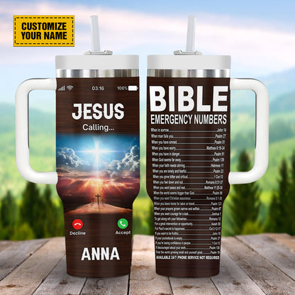 Teesdily | Customized Jesus Calling 40 oz Tumbler With Handle, Bible Emergency Numbers Travel Tumblers, Gift For Jesus Lovers Stainless Steel Cup