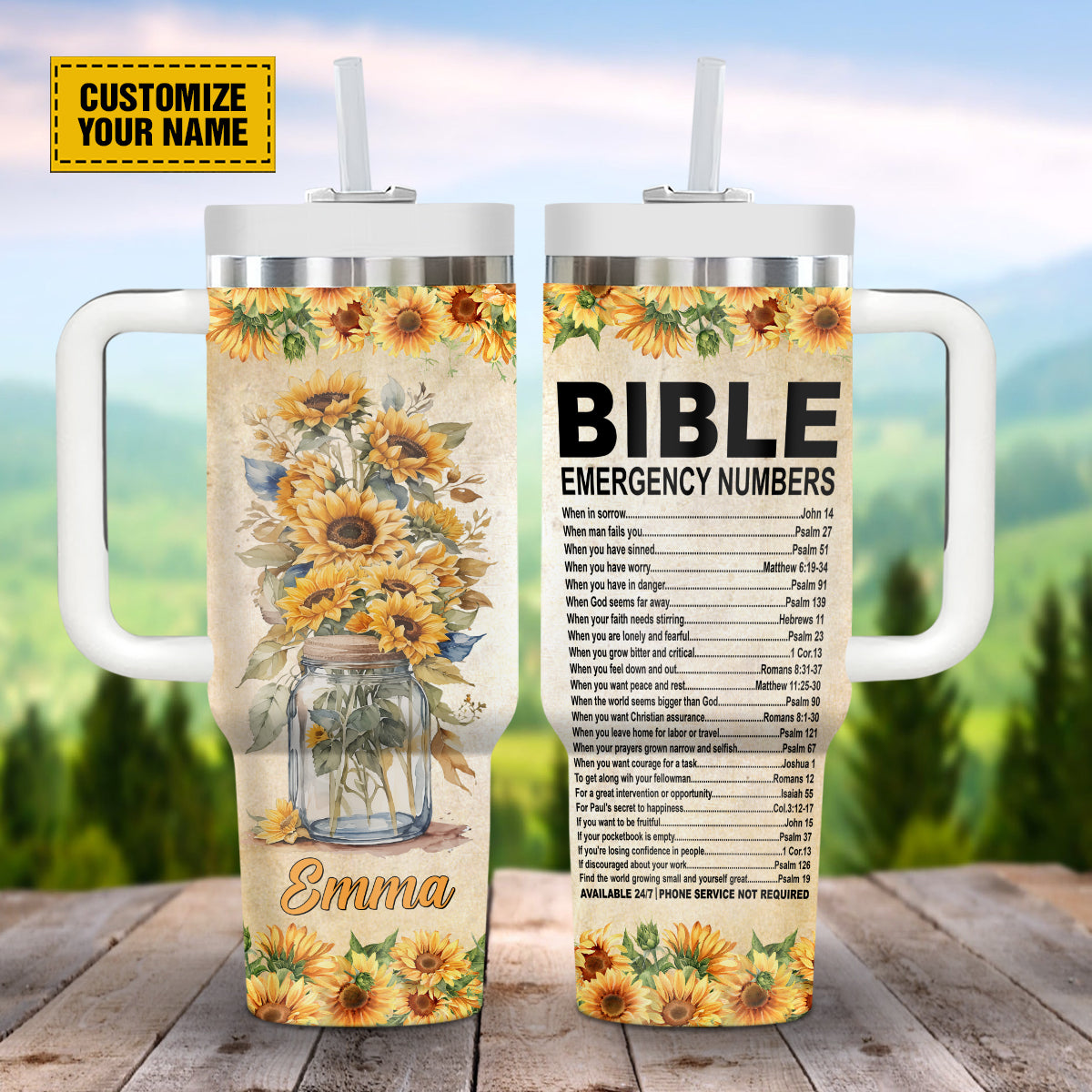 Teesdily | Customized Bible Emergency Numbers Water Tumbler, Sunflowers Travel Tumbler, Spiritual Gifts For Women, Christian 40oz Tumbler With Straw