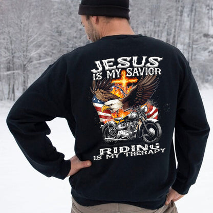 Teesdily | Motorcycle Usa Flag Shirt, Jesus Is My Savior Riding Is My Therapy Hoodie Sweatshirt Mug, Motorcycle Day Backside Shirt, Speed Lover Gifts