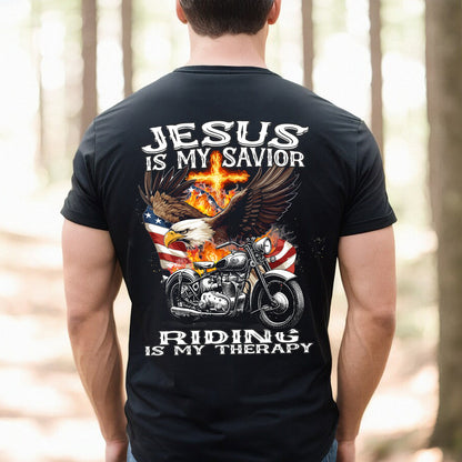 Teesdily | Motorcycle Usa Flag Shirt, Jesus Is My Savior Riding Is My Therapy Hoodie Sweatshirt Mug, Motorcycle Day Backside Shirt, Speed Lover Gifts