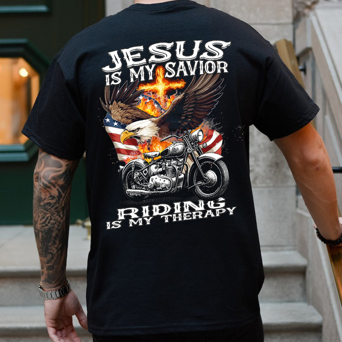 Teesdily | Motorcycle Usa Flag Shirt, Jesus Is My Savior Riding Is My Therapy Hoodie Sweatshirt Mug, Motorcycle Day Backside Shirt, Speed Lover Gifts