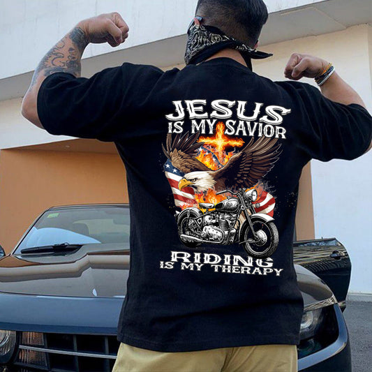 Teesdily | Motorcycle Usa Flag Shirt, Jesus Is My Savior Riding Is My Therapy Hoodie Sweatshirt Mug, Motorcycle Day Backside Shirt, Speed Lover Gifts