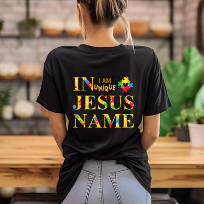 Teesdily | Autism Awareness Graphic Tee, I Am Unique In Jesus Hoodie Sweatshirt Mug, Autism Puzzles Christian Shirt, Autism Support Gifts