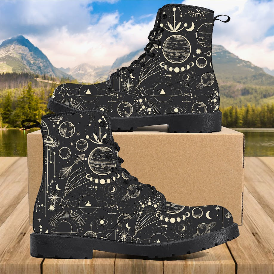 Teesdily | Sun And Moon Leather Boots, The Universe Boots Shoes Space Lovers Gift, All Over Print Unisex Leather Boots Full Size