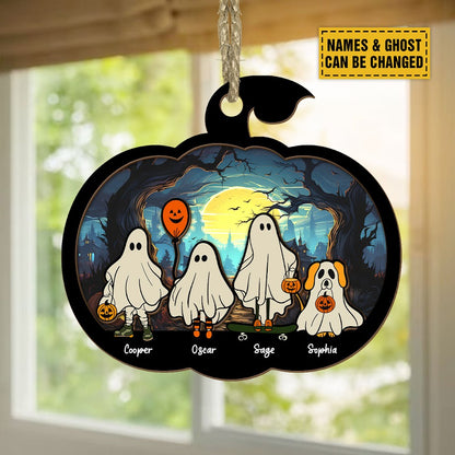 Teesdily | Personalized Ghost Family Halloween Suncatcher Window Hangings, Spooky Ghost Custom Name Home Decor, Holiday Gift For Family