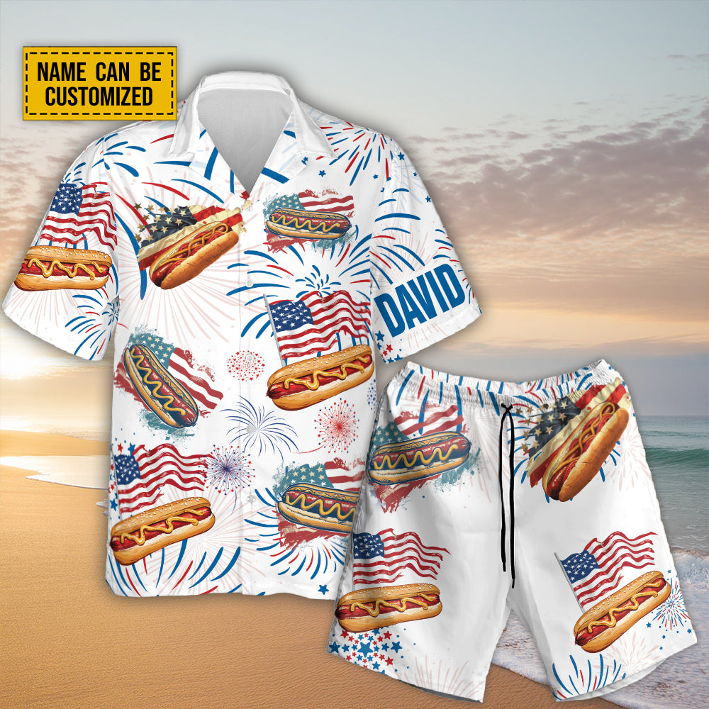 Teesdily | Custom American Hot Dog Burger Hawaiian Shirt, You Look Like The 4th Of July Hawaii Shirt, Patriotic Aloha Set, Happy 4th Of July Gift