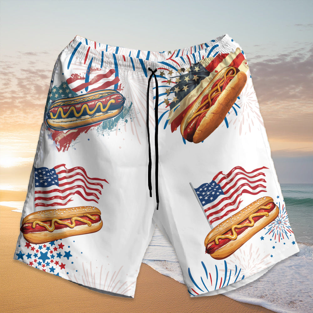 Teesdily | Custom American Hot Dog Burger Hawaiian Shirt, You Look Like The 4th Of July Hawaii Shirt, Patriotic Aloha Set, Happy 4th Of July Gift