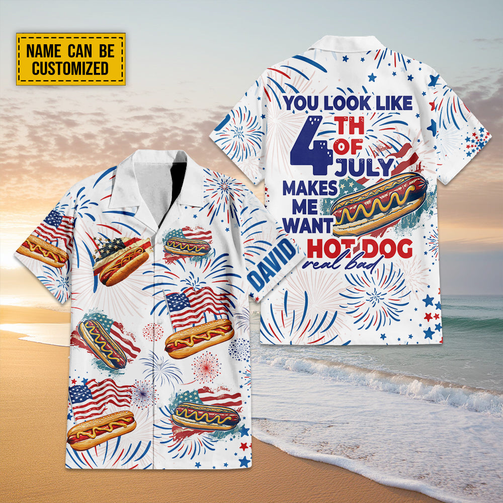 Teesdily | Custom American Hot Dog Burger Hawaiian Shirt, You Look Like The 4th Of July Hawaii Shirt, Patriotic Aloha Set, Happy 4th Of July Gift