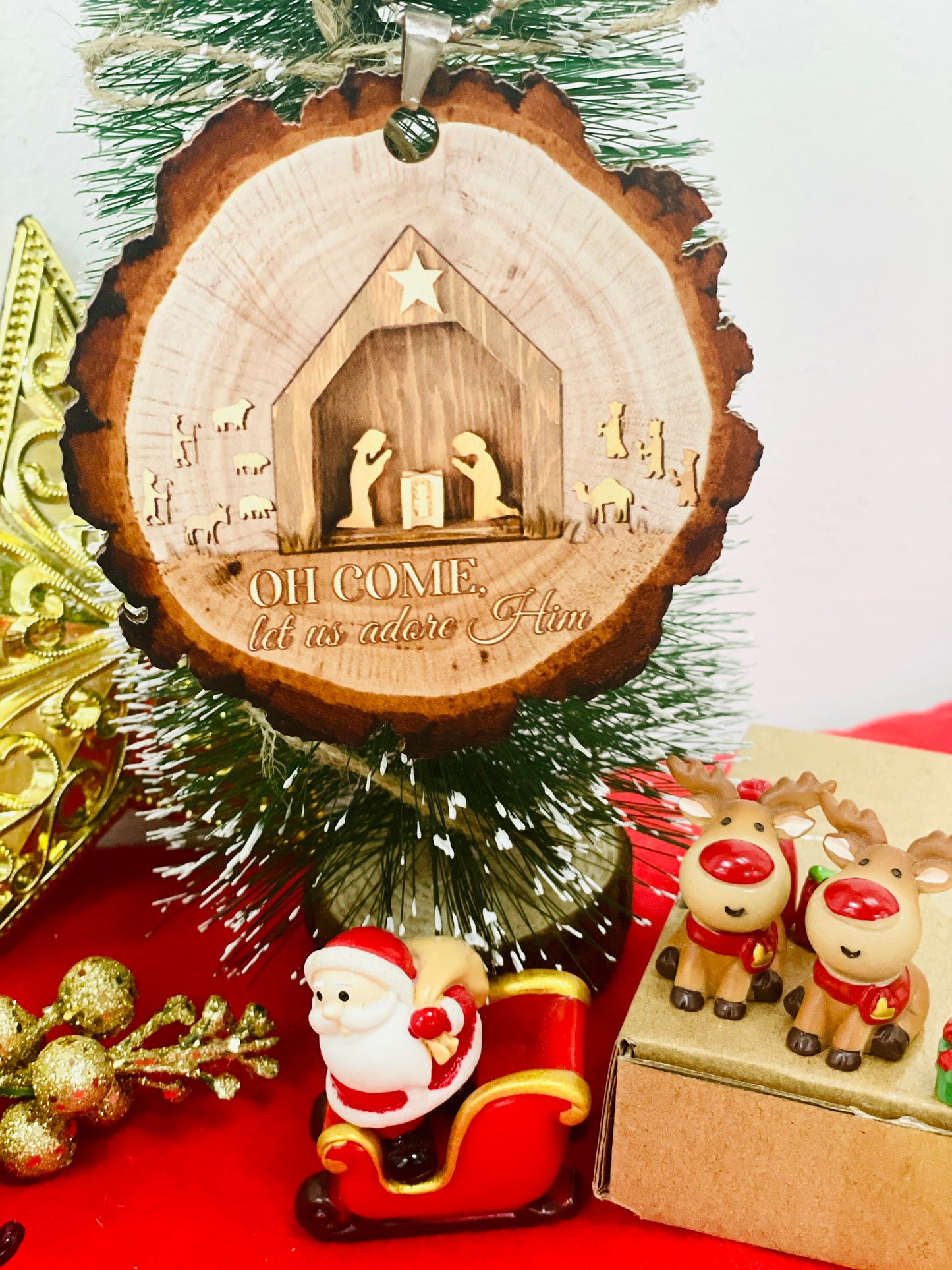 Teesdily | Jesus Nativity Wood Ornament, Oh Come Let Us Adore Him Printed Wood Ornament, Jesus Lovers Gifts, Christian Christmas Decor, Xmas Decor